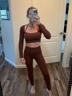 Women's Ribbed Long Sleeve Crop Top & High-Waist Legging Set Brown XS